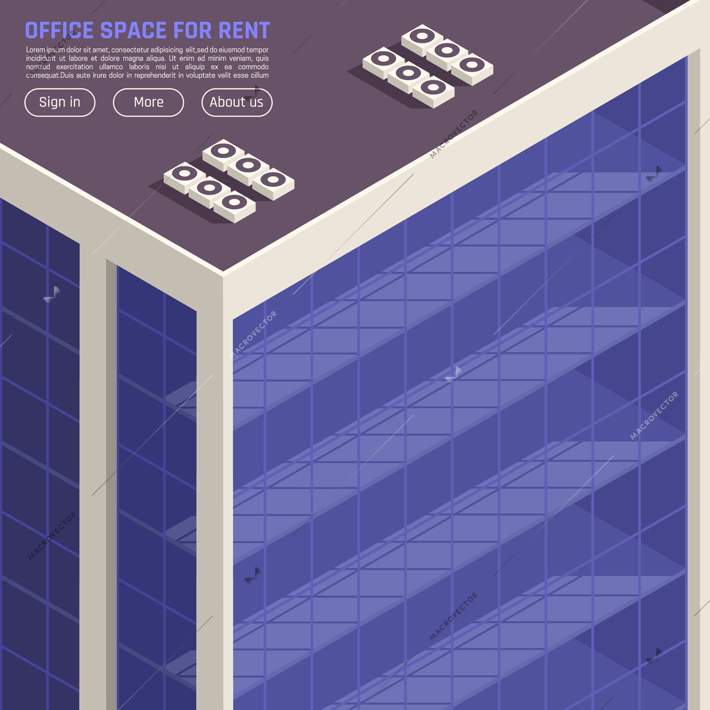 Commercial real estate office space for rent landing page design with exterior glass wall background isometric vector illustration