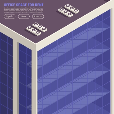 Commercial real estate office space for rent landing page design with exterior glass wall background isometric vector illustration