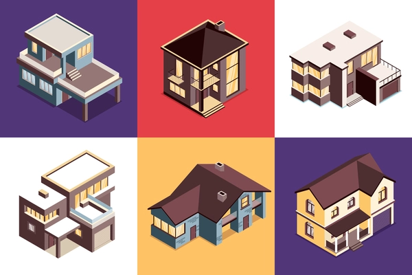 Modern suburban houses 6 colorful background isometric images with family cottages exterior staircases decks garages vector illustration