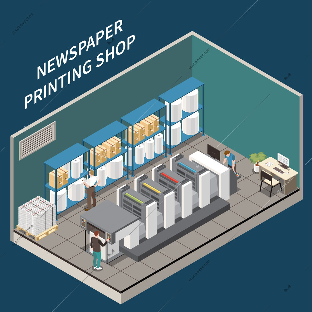 Isometric newspaper printing shop interior with equipment printed products paper and three human characters 3d vector illustration