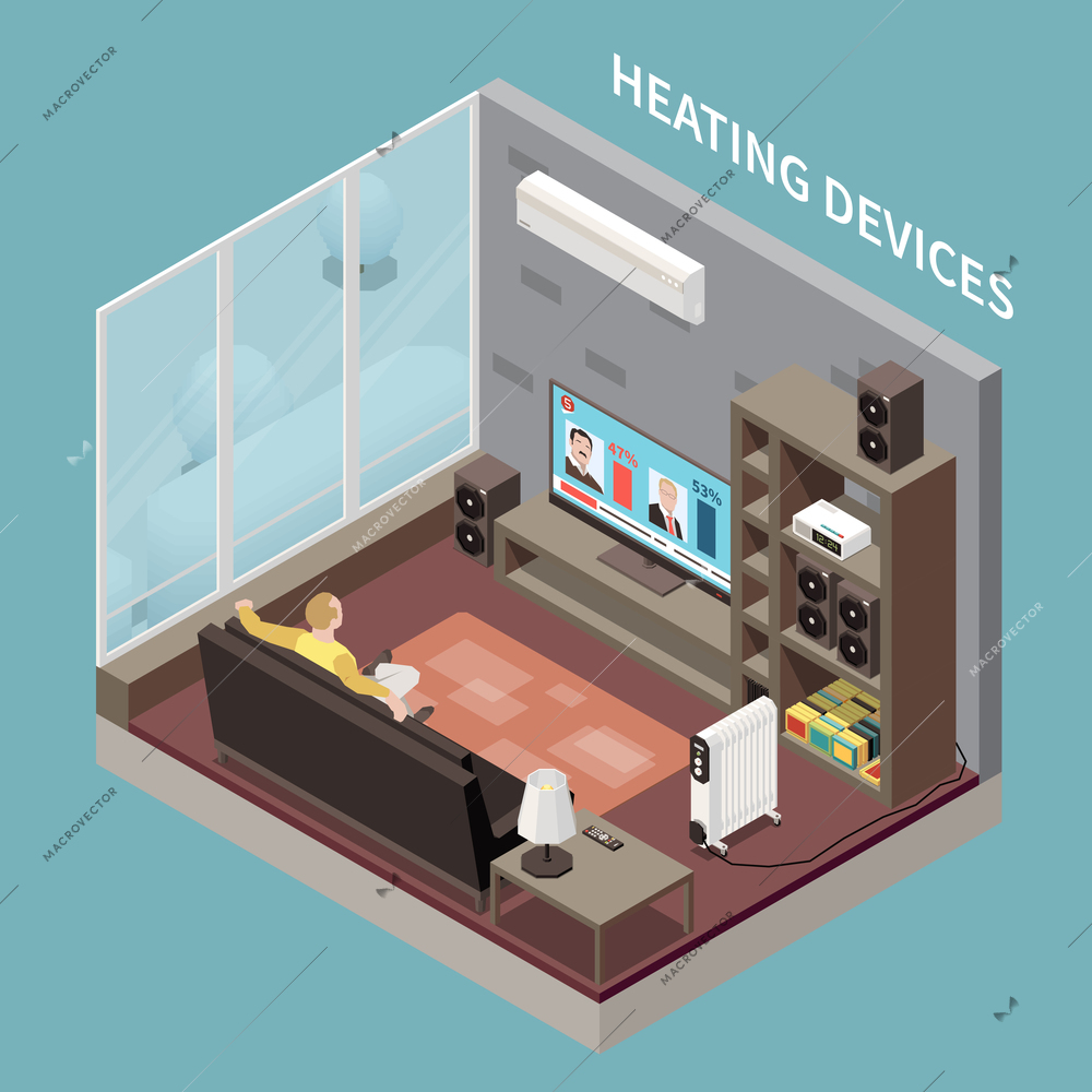Man watching tv in living room with heating devices air conditioner and radiator isometric vector illustration