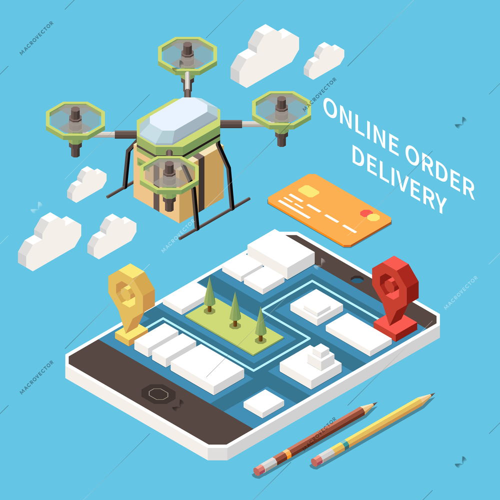 Online delivery concept with isometric smartphone card city map pencils drone delivering parcel vector illustration