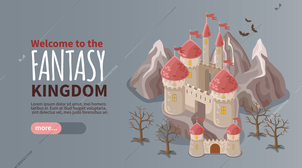 Fantasy kingdom isometric banner with old castle dead trees and bats flying over mountains 3d vector illustration