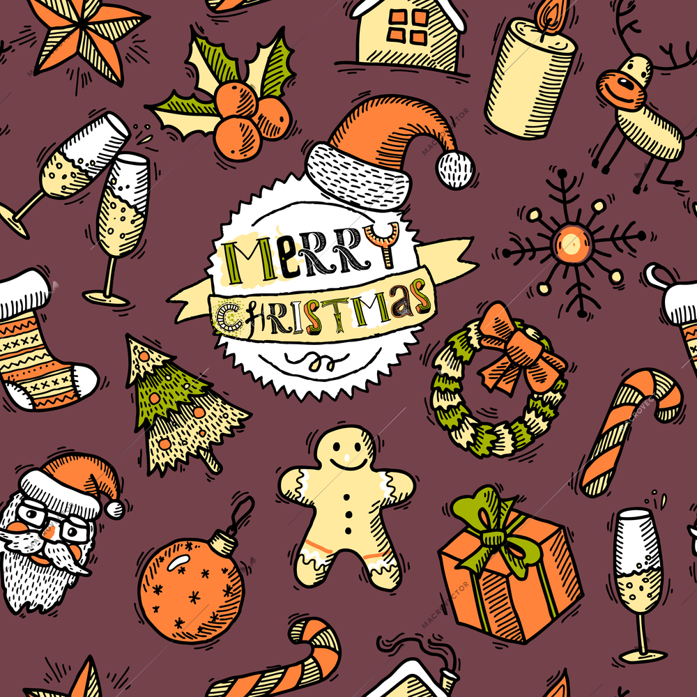 Vintage merry christmas new year holiday decoration sketch colored seamless pattern vector illustration