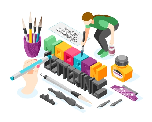 Hobby calligraphy isometric composition with colorful words and human hands holding writing instruments with ink pens vector illustration