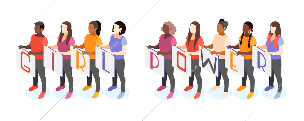 International womens day isometric composition with female characters of different color standing in line holding placards vector illustration