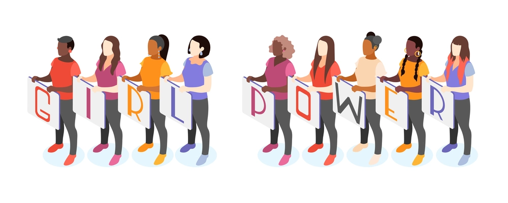 International womens day isometric composition with female characters of different color standing in line holding placards vector illustration