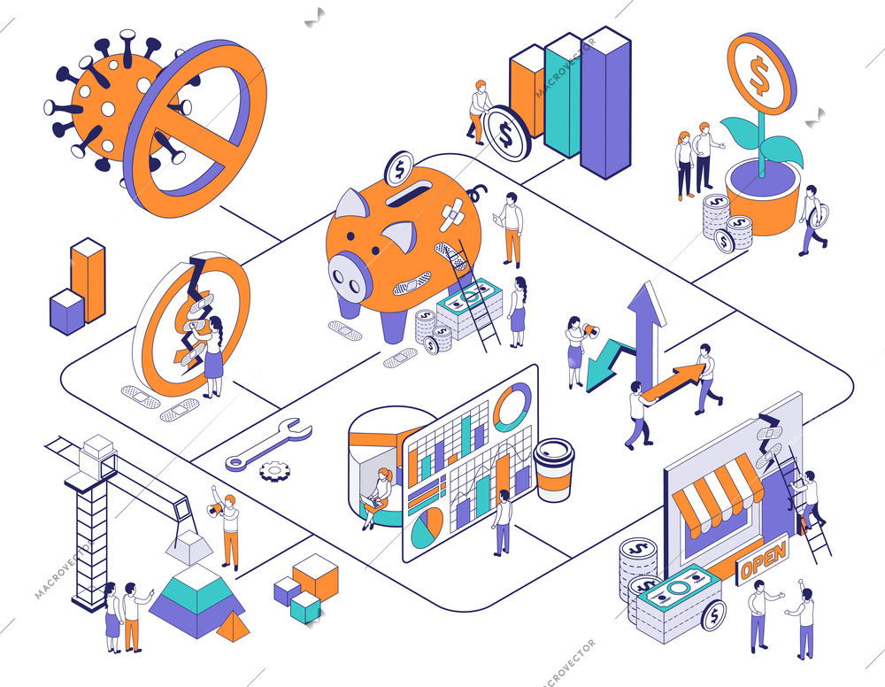 Economic business recovery isometric composition with images of virus storefronts and financial icons combined in flowchart vector illustration