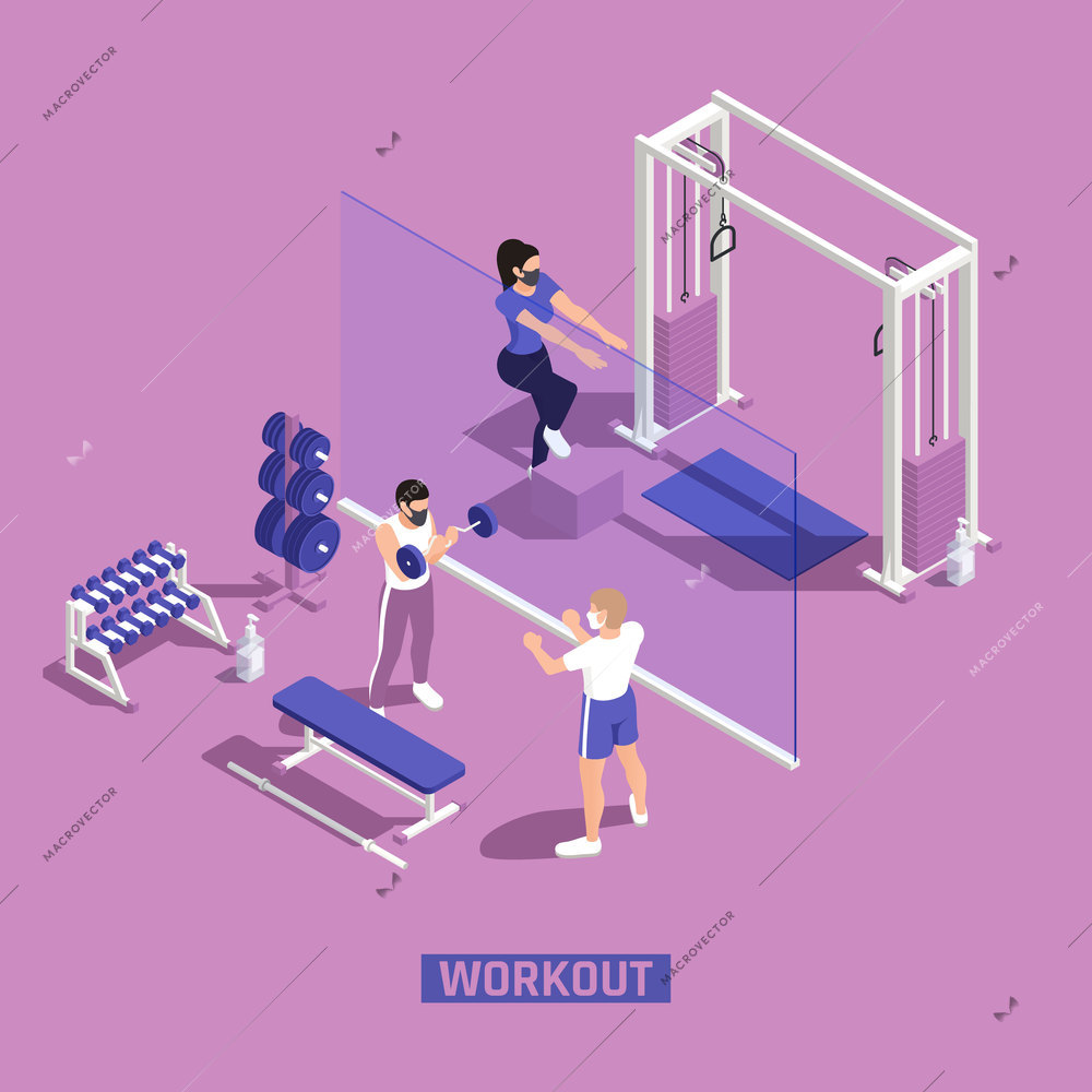 Gym fitness workout centra corona pandemic precautions clear plastic barriers people wearing masks isometric compositions vector illustration