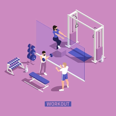 Gym fitness workout centra corona pandemic precautions clear plastic barriers people wearing masks isometric compositions vector illustration