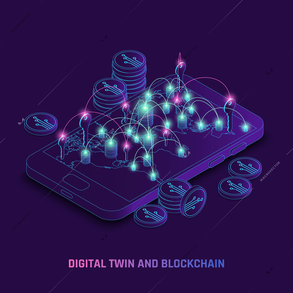 Blockchain utilizing using digital twins dynamic technology identity traces transactions tracking on smartphone screen isometric vector illustration