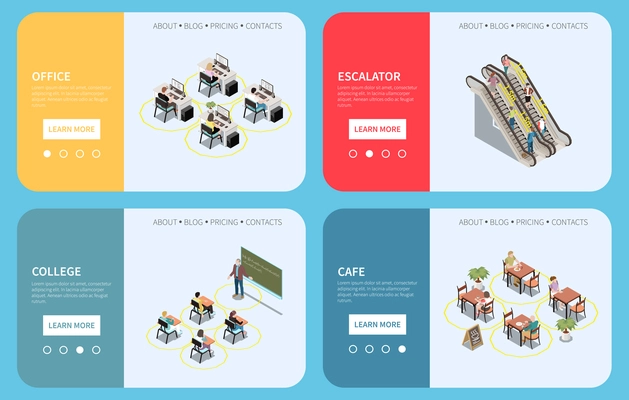 Social distancing isometric set of horizontal banners with text buttons and people at safe distance amount vector illustration