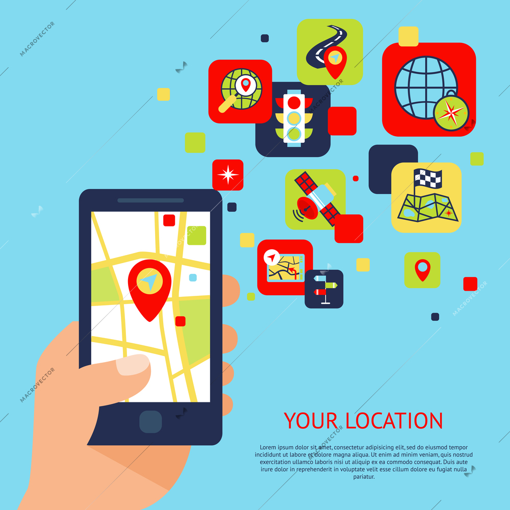 Hand with mobile phone with gps  and travel flat icons set navigation concept vector illustration