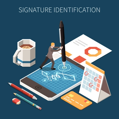 Biometric authentication isometric composition with text and images of working place desktop elements with pen tool vector illustration