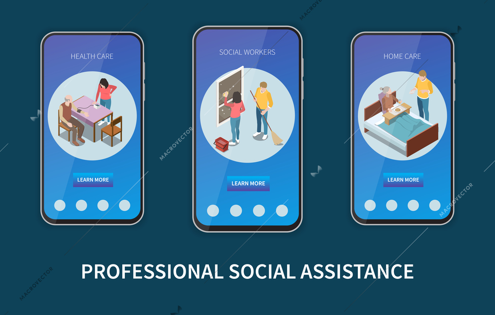 Set of three vertical elderly people professional social help service isometric banners with buttons and images vector illustration