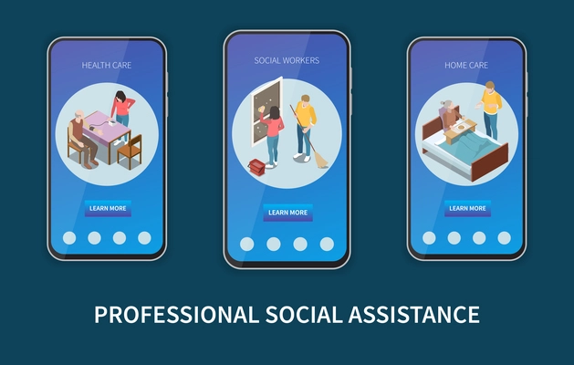 Set of three vertical elderly people professional social help service isometric banners with buttons and images vector illustration