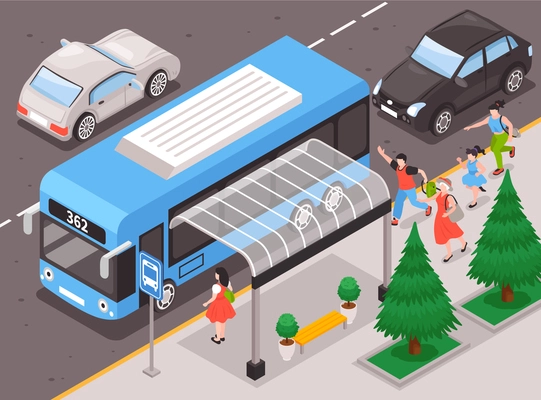 People running for bus background with bus stop and hurry symbols isometric vector illustration