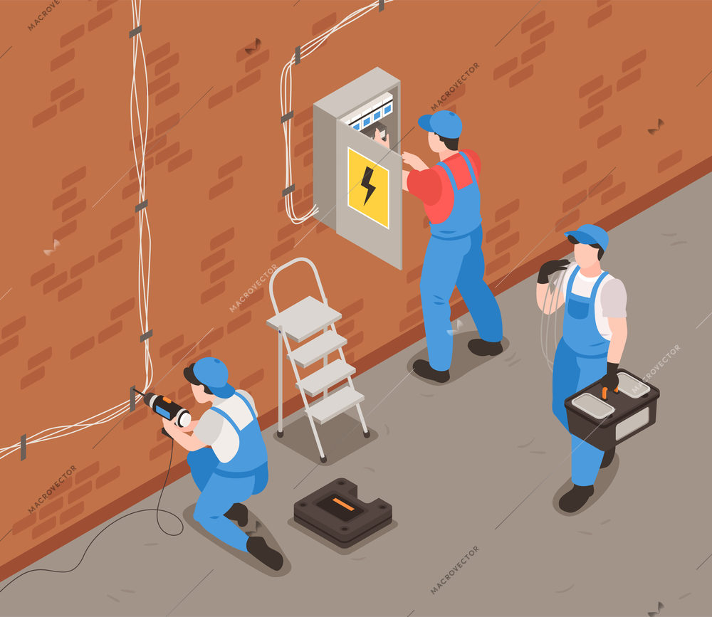 Electrician isometric background with equipment uniform and job symbols vector illustration