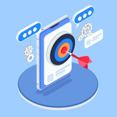 Application store optimization 3d concept with isometric target with arrow on smartphone monitor vector illustration