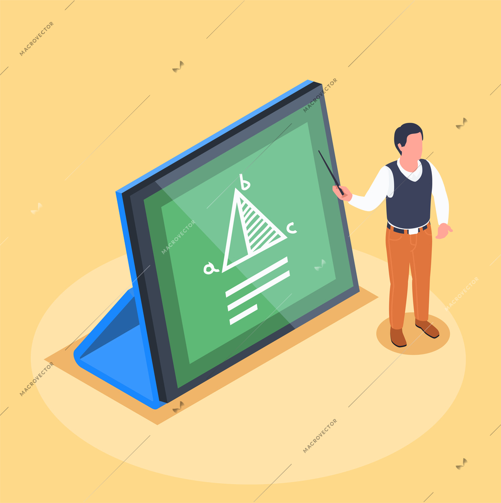 Online learning isometric concept with tablet and character of maths teacher holding pointer 3d vector illustration