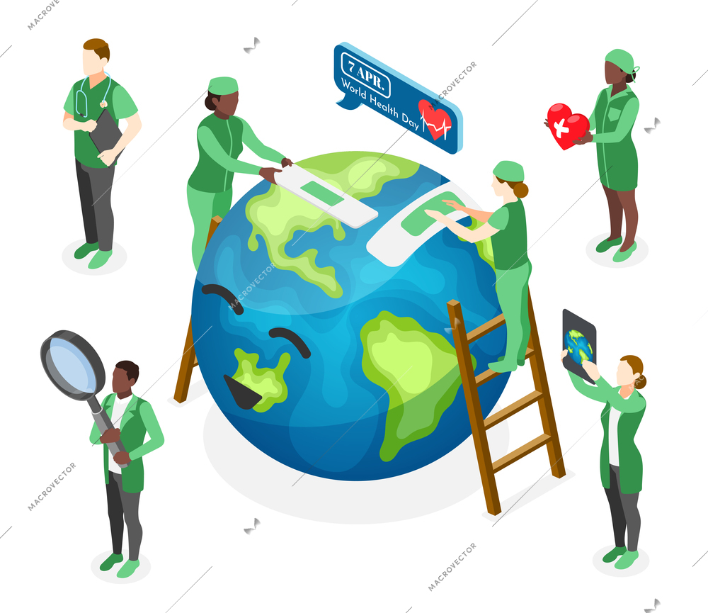 Isometric world health day composition with doctors curing happy earth planet 3d vector illustration