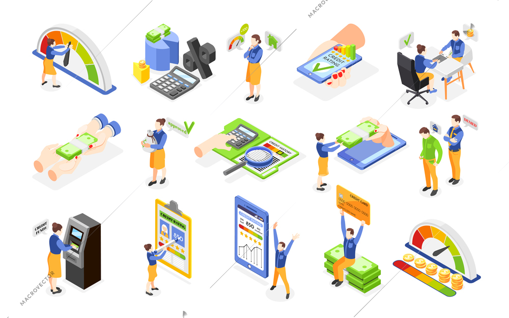 Credit score history report characters of loan debtors isometric icons set isolated on white background vector illustration