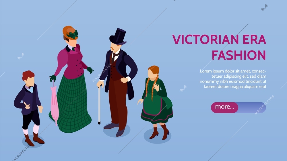 Isometric victorian fashion horizontal banner with human characters of family in medieval style clothes with text vector illustration