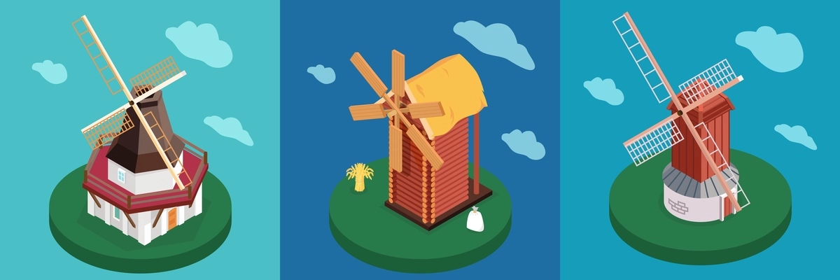 Windmills types concept 3 circular isometric images of smock tower post mills blue cloudy background vector illustration