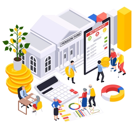 Retirement preparation plan isometric composition with pension fund building and characters of retired persons with graphs vector illustration