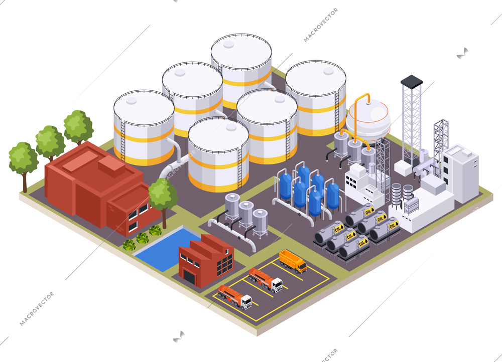 Oil petroleum industry isometric composition with view of oil processing factory site with buildings and facilities vector illustration