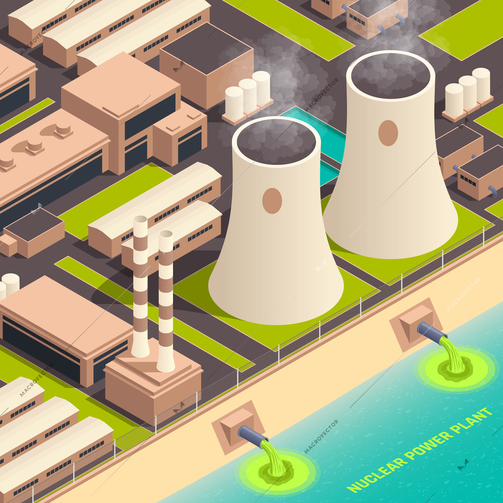 Toxic waste nuclear chemical pollution biohazard composition with nuclear power plant buildings vector illustration