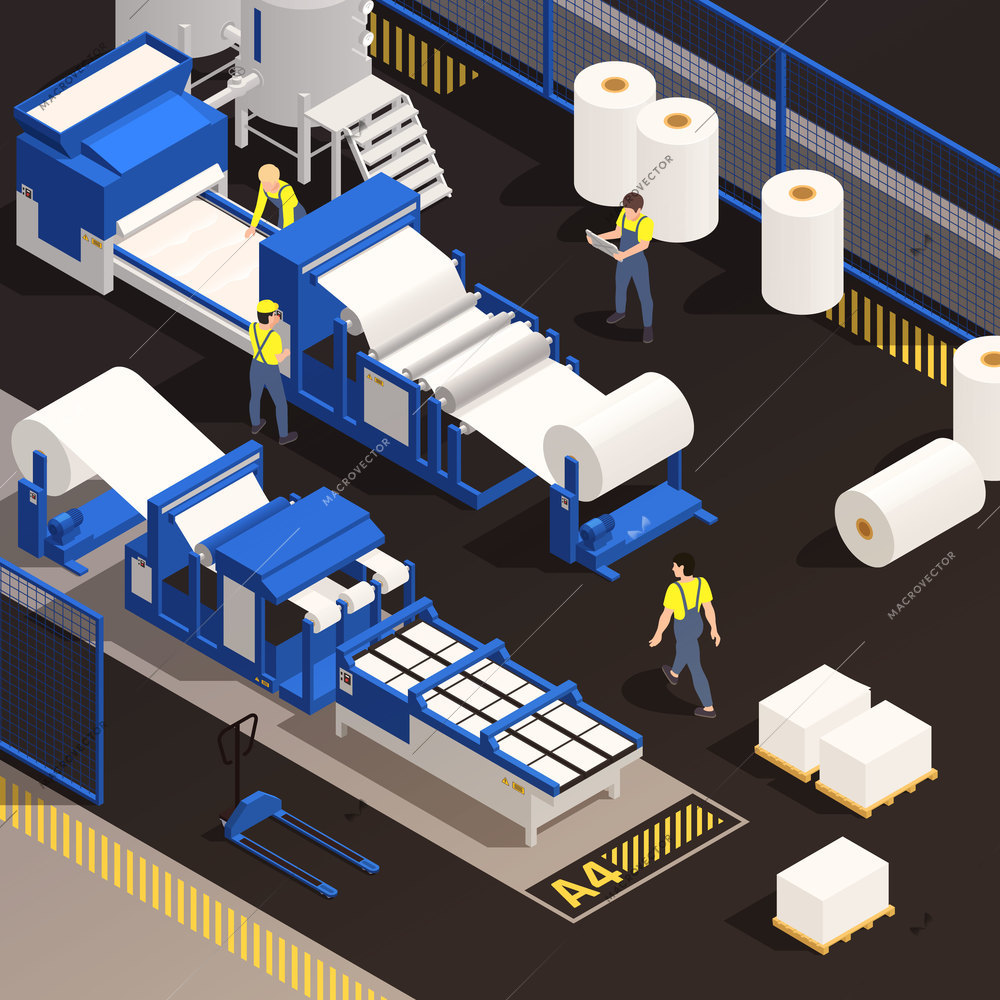Paper production isometric colored composition with factory employees working in the production of paper vector illustration