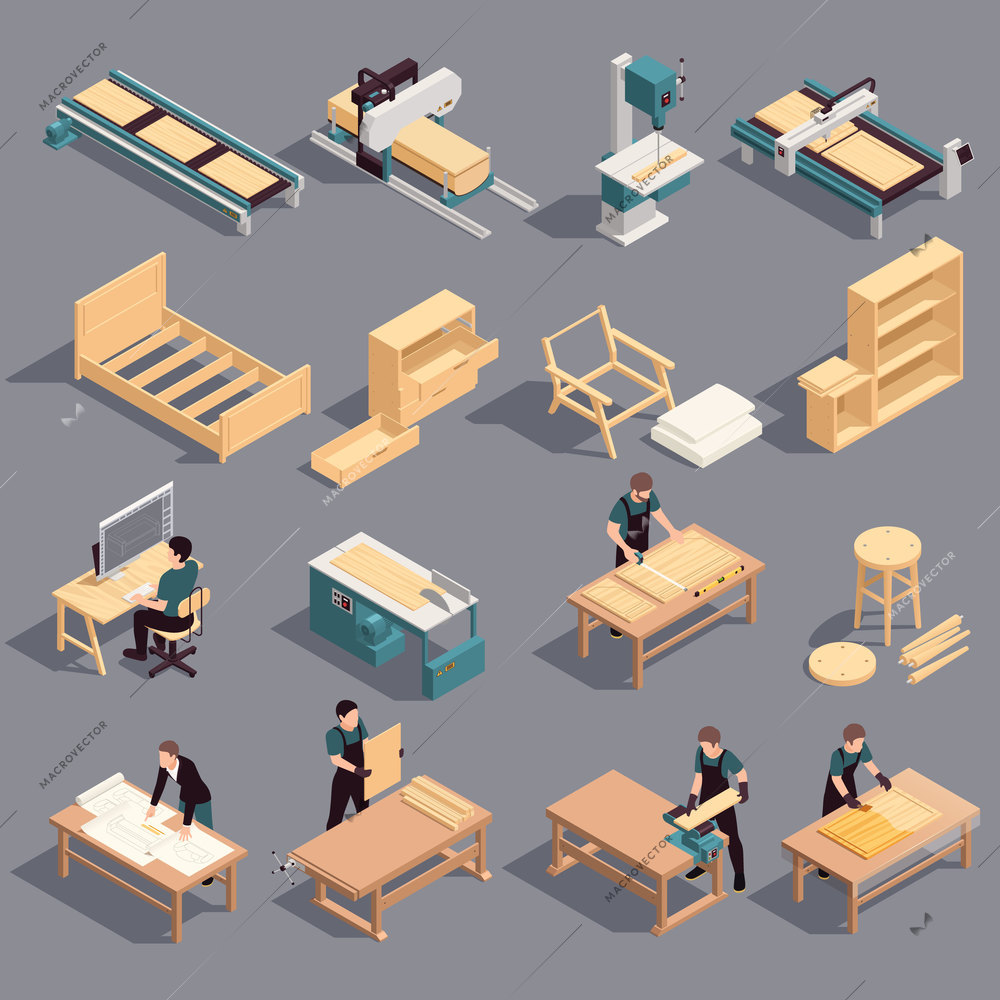 Furniture production isometric icon set assembly cutting and preparation of wood for the production of wooden products vector illustration