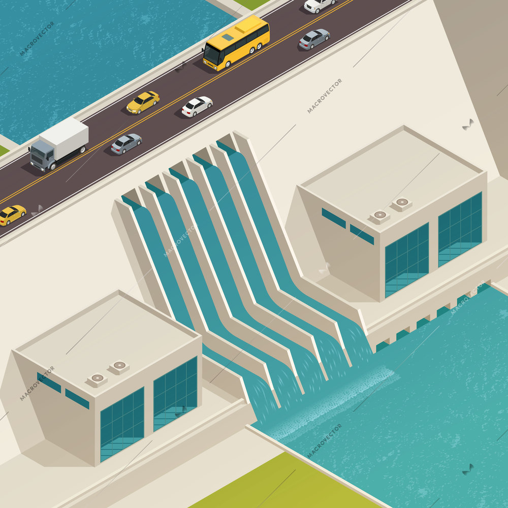 Green energy ecology isometric composition water purification structure with a bridge on top vector illustration