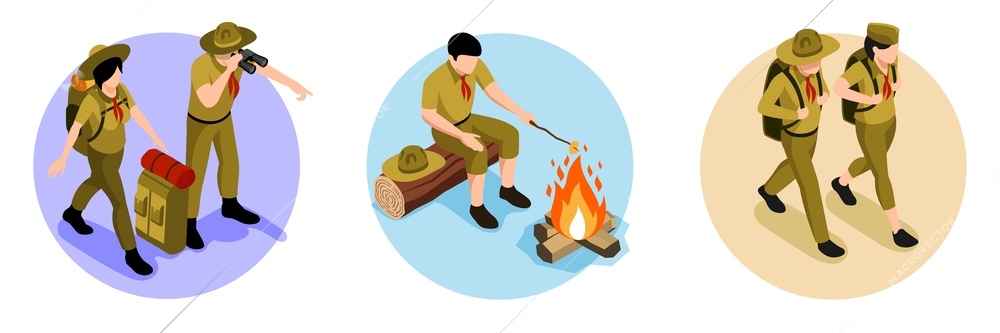 Scout isometric design concept set of three isolated compositions with teens hiking with touristic gear and cooking food on bonfire vector illustration