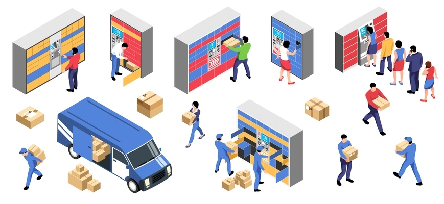 Delivery transport with postal workers unloading parcels to post terminals with people coming for their purchases isometric set isolated vector illustration