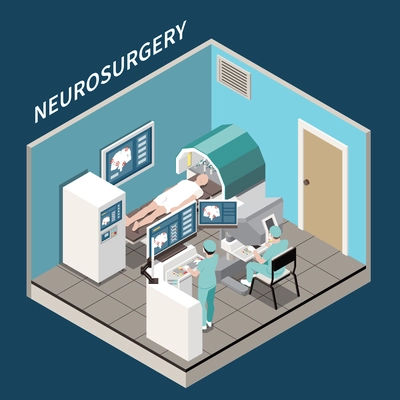 Robotic surgery isometric concept with medical neurosurgery symbols vector illustration