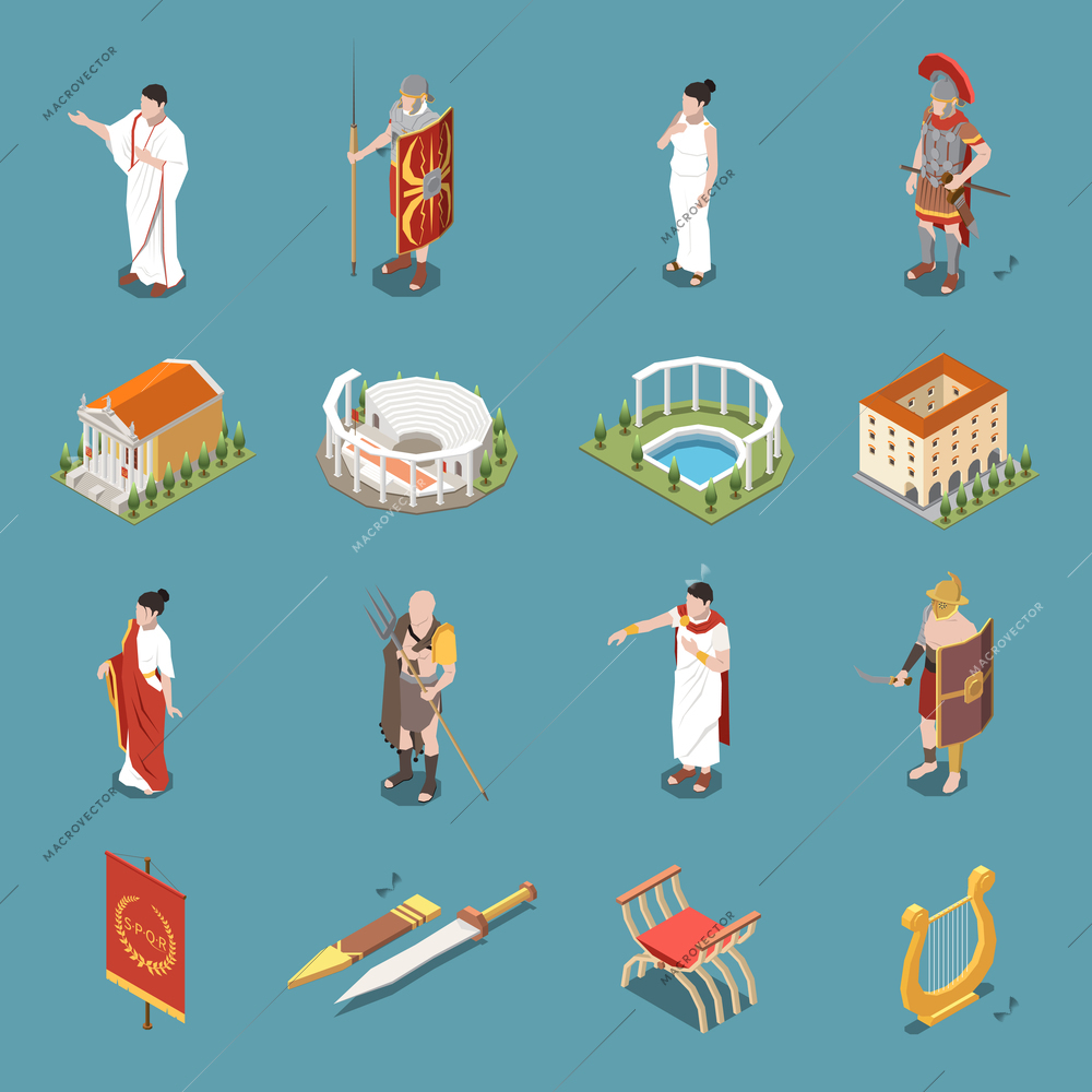 Roman empire icons set with military uniform and architecture symbols isometric isolated vector illustration