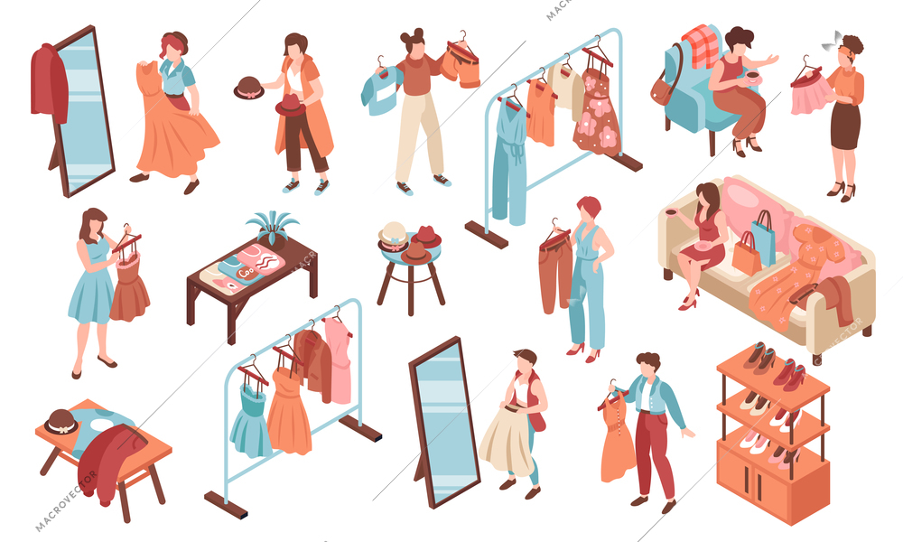 Swap party color set with clothes exchange and fashion symbols isometric isolated vector illustration