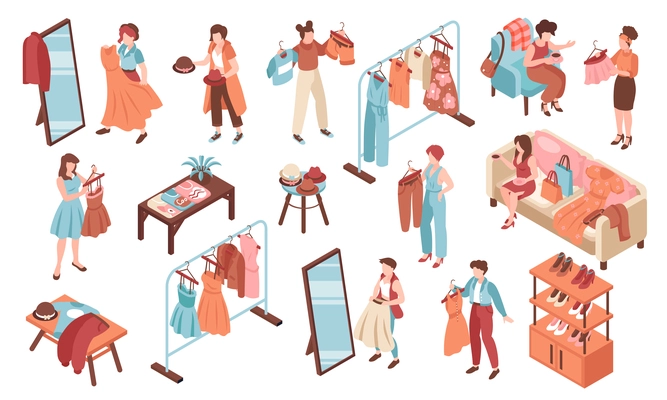 Swap party color set with clothes exchange and fashion symbols isometric isolated vector illustration