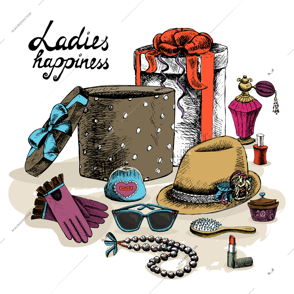 Ladies happiness. Women's accessories from open gift box still life vector illustration