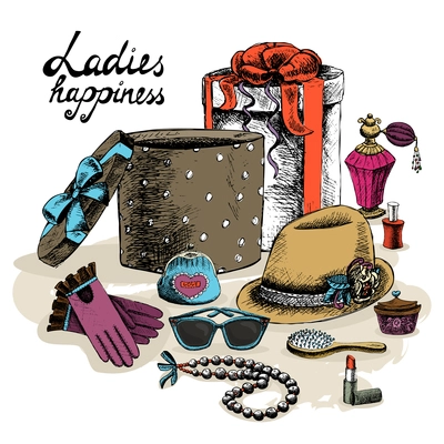 Ladies happiness. Women's accessories from open gift box still life vector illustration