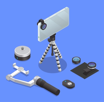 Set of photo and video equipment for the mobile phone on a blue background vector illustration