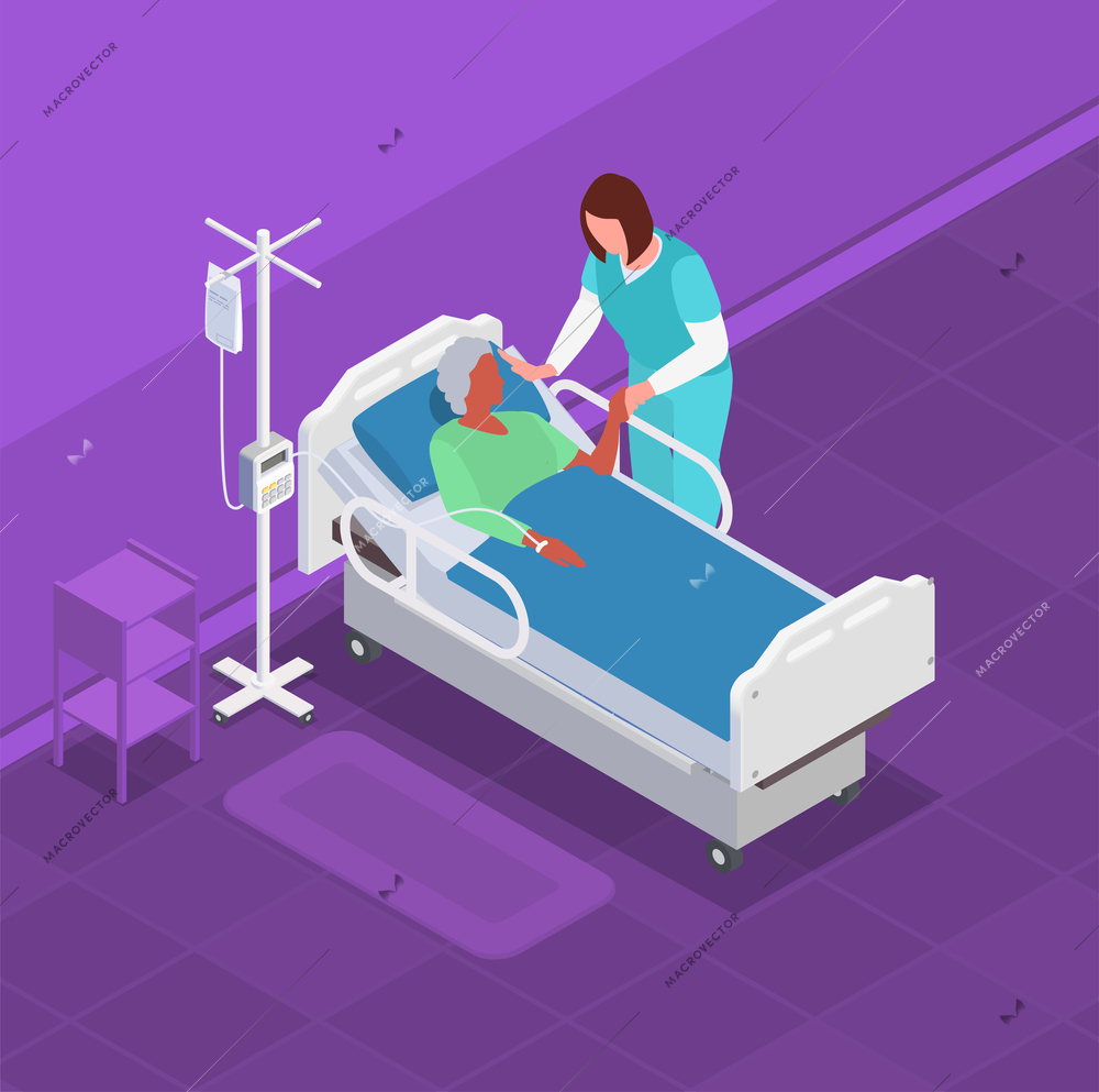 Nurse caring for an elderly woman in a hospital bed isometric vector illustration