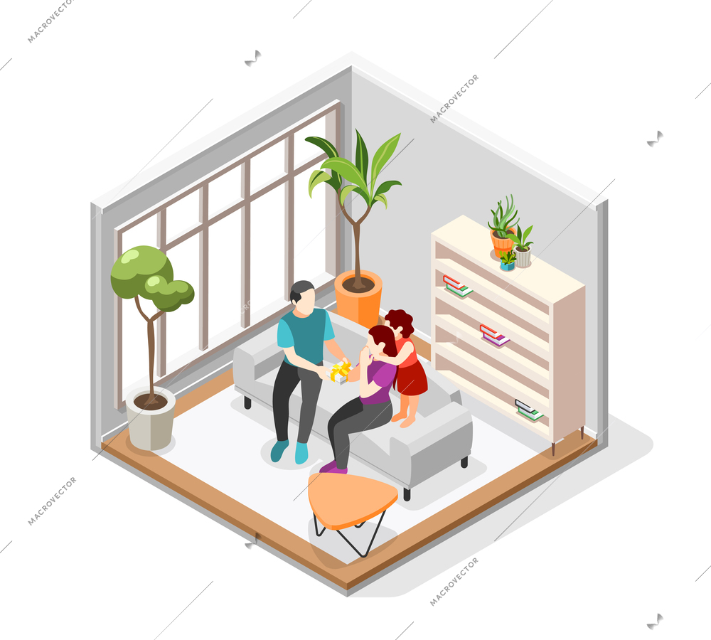 International day of families isometric composition with mother father and their daughter in children room vector illustration