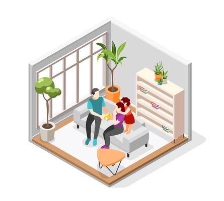 International day of families isometric composition with mother father and their daughter in children room vector illustration