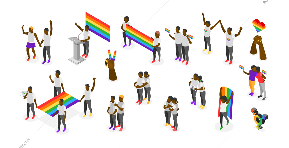 International day against homophobia isometric recolor icons set of people with rainbow flags and lgbt symbols isolated vector illustration