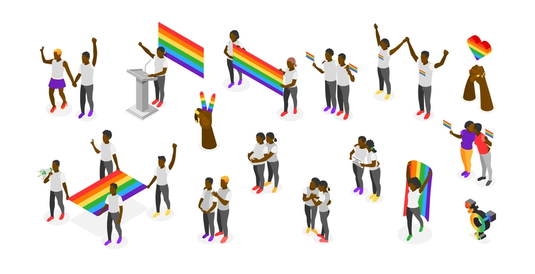 International day against homophobia isometric recolor icons set of people with rainbow flags and lgbt symbols isolated vector illustration