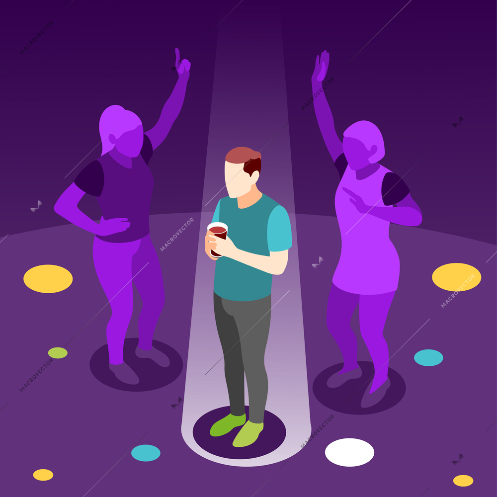 Loneliness isometric colored background with teenager dreaming of dancing with girl at night party vector illustration