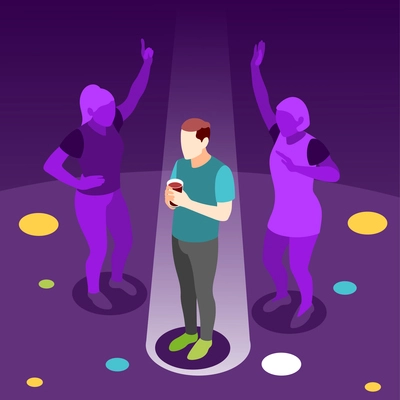 Loneliness isometric colored background with teenager dreaming of dancing with girl at night party vector illustration